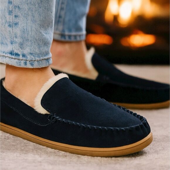 J Crew Mens 12 Slippers Navy Suede Moccasins Fleece Lined Indoor House Cozy Fall - Picture 1 of 8